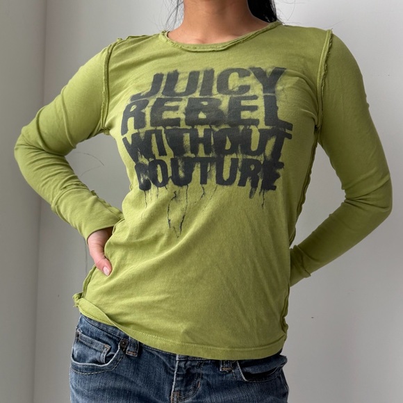 2000s Juicy Couture Made in USA Green Long Sleeve Graffiti Tee - Small - Picture 2 of 4